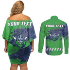 Personalised Canberra Raiders Rugby Couples Matching Off Shoulder Short Dress and Long Sleeve Button Shirt Viking Green Machine Mascot - Sporty Splash Art Style