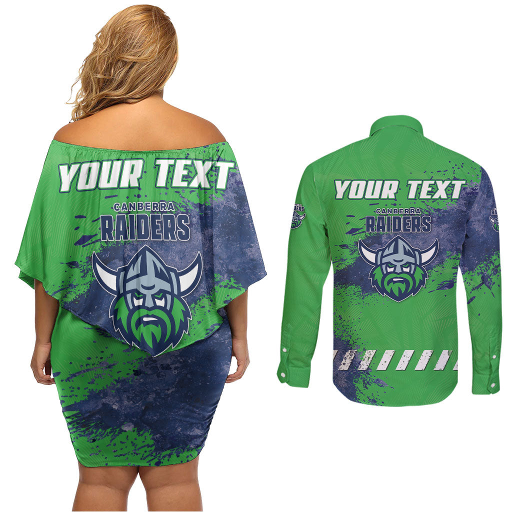 Personalised Canberra Raiders Rugby Couples Matching Off Shoulder Short Dress and Long Sleeve Button Shirt Viking Green Machine Mascot - Sporty Splash Art Style