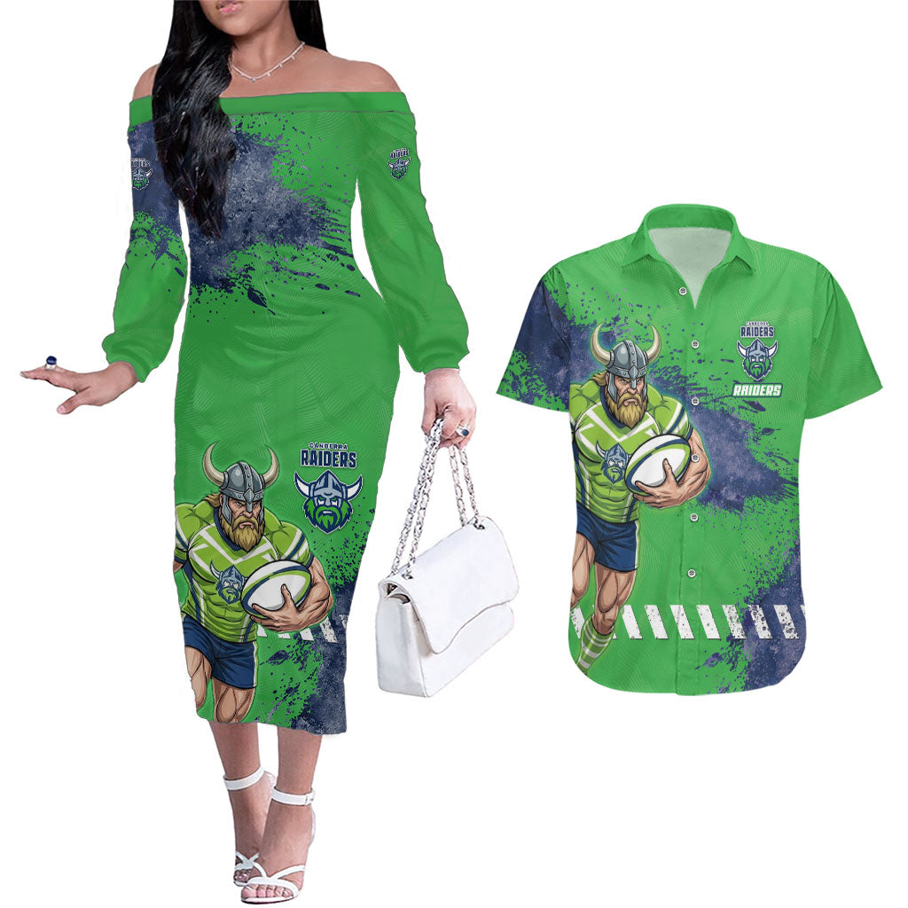 Personalised Canberra Raiders Rugby Couples Matching Off The Shoulder Long Sleeve Dress and Hawaiian Shirt Viking Green Machine Mascot - Sporty Splash Art Style