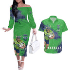 Personalised Canberra Raiders Rugby Couples Matching Off The Shoulder Long Sleeve Dress and Hawaiian Shirt Viking Green Machine Mascot - Sporty Splash Art Style