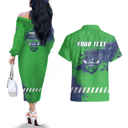 Personalised Canberra Raiders Rugby Couples Matching Off The Shoulder Long Sleeve Dress and Hawaiian Shirt Viking Green Machine Mascot - Sporty Splash Art Style