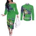 Personalised Canberra Raiders Rugby Couples Matching Off The Shoulder Long Sleeve Dress and Long Sleeve Button Shirt Viking Green Machine Mascot - Sporty Splash Art Style