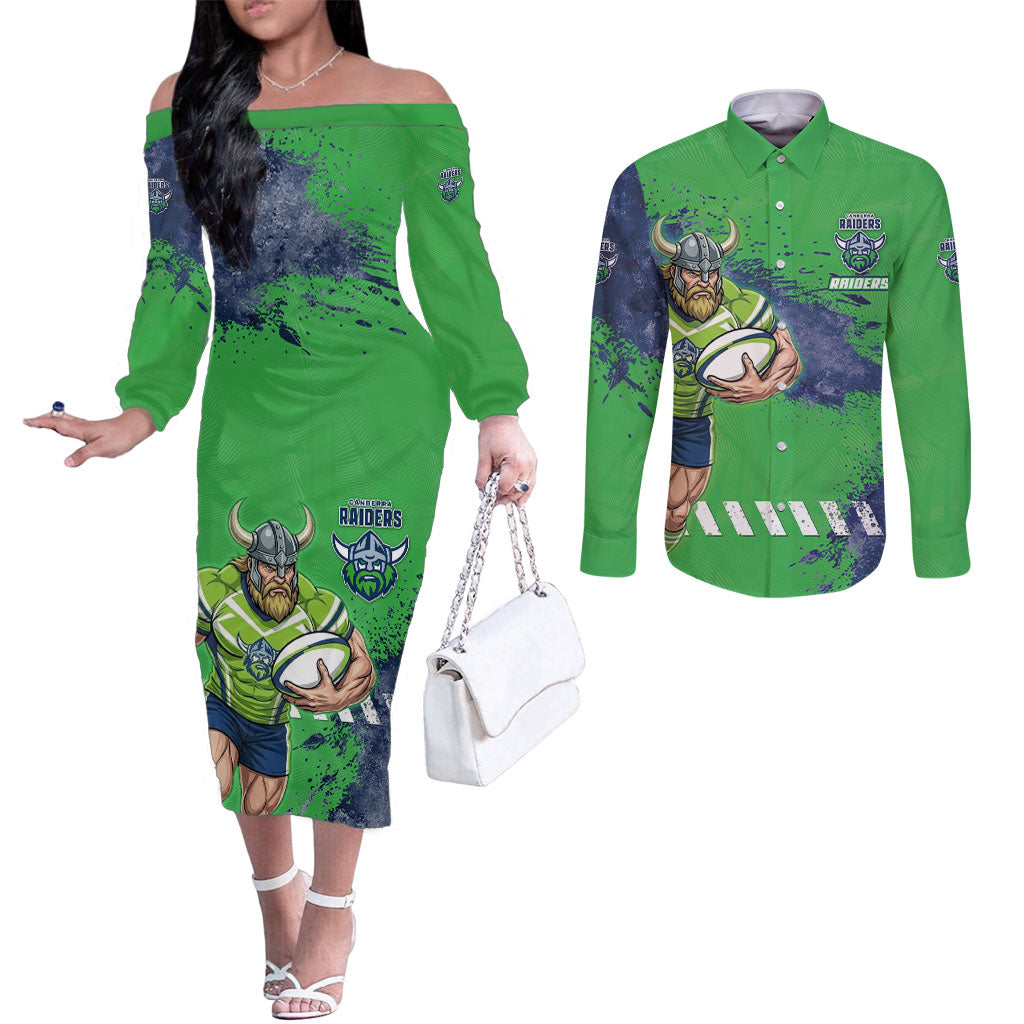 Personalised Canberra Raiders Rugby Couples Matching Off The Shoulder Long Sleeve Dress and Long Sleeve Button Shirt Viking Green Machine Mascot - Sporty Splash Art Style