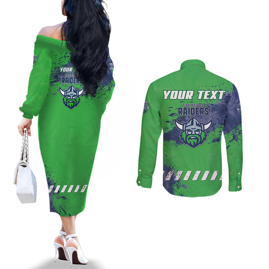 Personalised Canberra Raiders Rugby Couples Matching Off The Shoulder Long Sleeve Dress and Long Sleeve Button Shirt Viking Green Machine Mascot - Sporty Splash Art Style