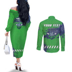 Personalised Canberra Raiders Rugby Couples Matching Off The Shoulder Long Sleeve Dress and Long Sleeve Button Shirt Viking Green Machine Mascot - Sporty Splash Art Style