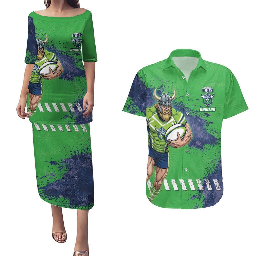 Personalised Canberra Raiders Rugby Couples Matching Puletasi and Hawaiian Shirt Viking Green Machine Mascot - Sporty Splash Art Style