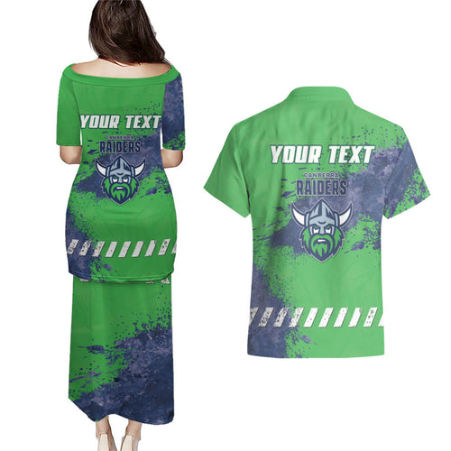 Personalised Canberra Raiders Rugby Couples Matching Puletasi and Hawaiian Shirt Viking Green Machine Mascot - Sporty Splash Art Style