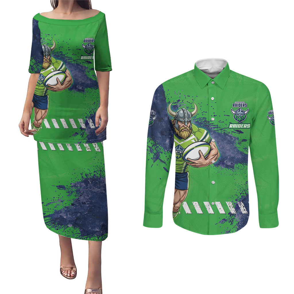 Personalised Canberra Raiders Rugby Couples Matching Puletasi and Long Sleeve Button Shirt Viking Green Machine Mascot - Sporty Splash Art Style