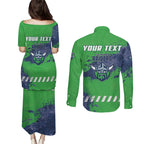 Personalised Canberra Raiders Rugby Couples Matching Puletasi and Long Sleeve Button Shirt Viking Green Machine Mascot - Sporty Splash Art Style