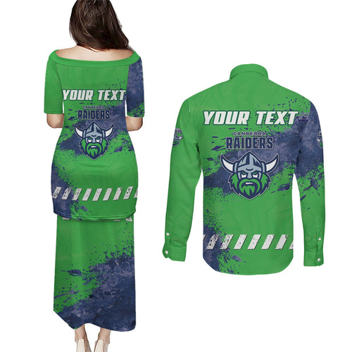 Personalised Canberra Raiders Rugby Couples Matching Puletasi and Long Sleeve Button Shirt Viking Green Machine Mascot - Sporty Splash Art Style