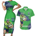 Personalised Canberra Raiders Rugby Couples Matching Short Sleeve Bodycon Dress and Hawaiian Shirt Viking Green Machine Mascot - Sporty Splash Art Style