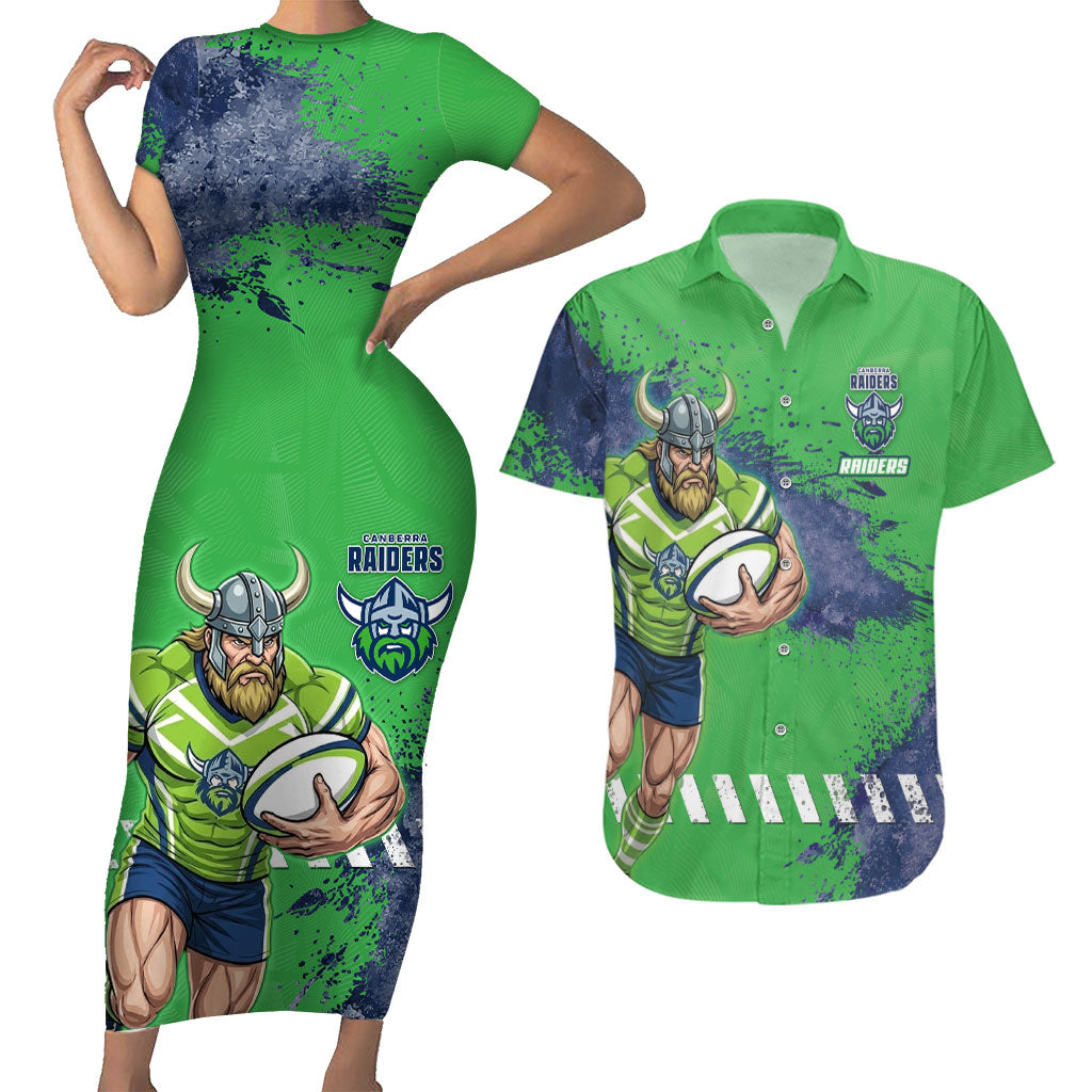 Personalised Canberra Raiders Rugby Couples Matching Short Sleeve Bodycon Dress and Hawaiian Shirt Viking Green Machine Mascot - Sporty Splash Art Style