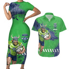 Personalised Canberra Raiders Rugby Couples Matching Short Sleeve Bodycon Dress and Hawaiian Shirt Viking Green Machine Mascot - Sporty Splash Art Style