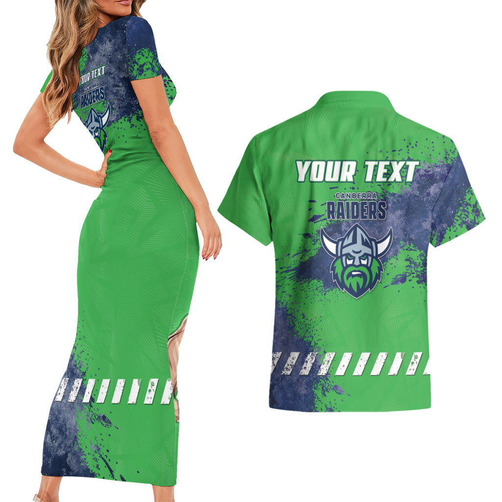 Personalised Canberra Raiders Rugby Couples Matching Short Sleeve Bodycon Dress and Hawaiian Shirt Viking Green Machine Mascot - Sporty Splash Art Style