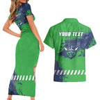 Personalised Canberra Raiders Rugby Couples Matching Short Sleeve Bodycon Dress and Hawaiian Shirt Viking Green Machine Mascot - Sporty Splash Art Style