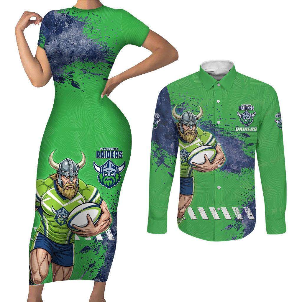 Personalised Canberra Raiders Rugby Couples Matching Short Sleeve Bodycon Dress and Long Sleeve Button Shirt Viking Green Machine Mascot - Sporty Splash Art Style