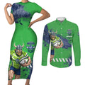 Personalised Canberra Raiders Rugby Couples Matching Short Sleeve Bodycon Dress and Long Sleeve Button Shirt Viking Green Machine Mascot - Sporty Splash Art Style