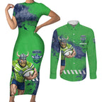 Personalised Canberra Raiders Rugby Couples Matching Short Sleeve Bodycon Dress and Long Sleeve Button Shirt Viking Green Machine Mascot - Sporty Splash Art Style