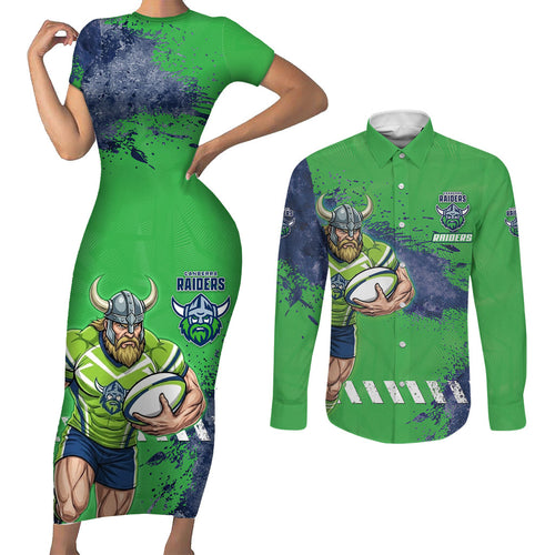 Personalised Canberra Raiders Rugby Couples Matching Short Sleeve Bodycon Dress and Long Sleeve Button Shirt Viking Green Machine Mascot - Sporty Splash Art Style