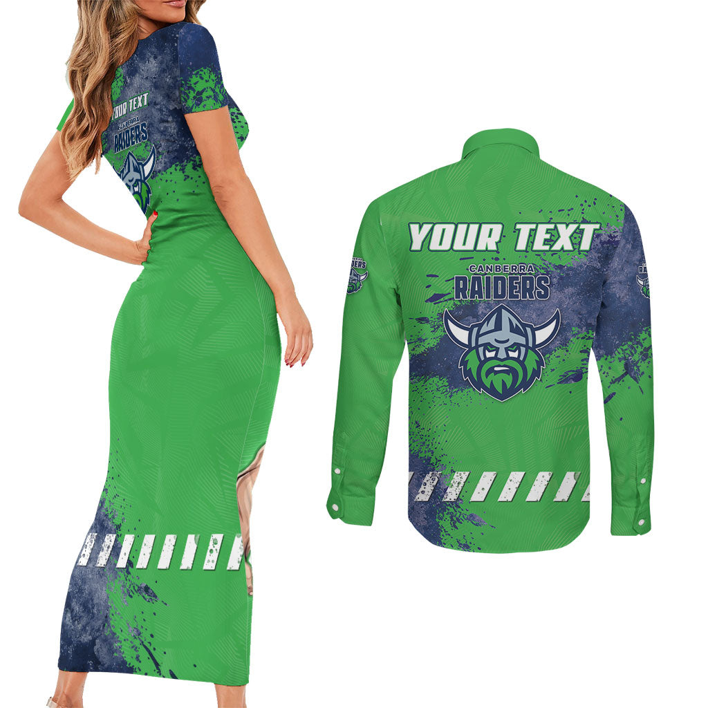 Personalised Canberra Raiders Rugby Couples Matching Short Sleeve Bodycon Dress and Long Sleeve Button Shirt Viking Green Machine Mascot - Sporty Splash Art Style