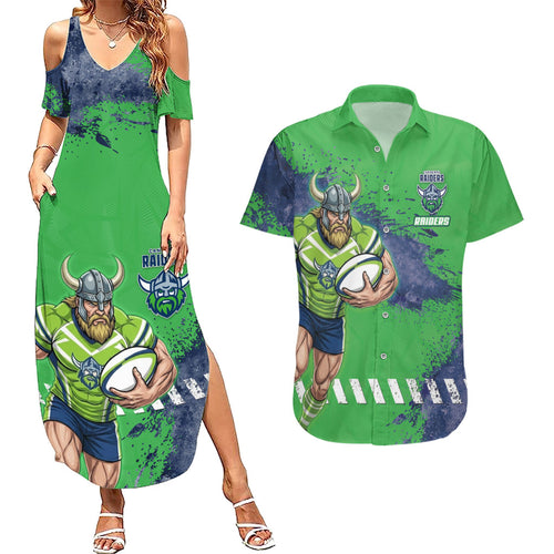 Personalised Canberra Raiders Rugby Couples Matching Summer Maxi Dress and Hawaiian Shirt Viking Green Machine Mascot - Sporty Splash Art Style