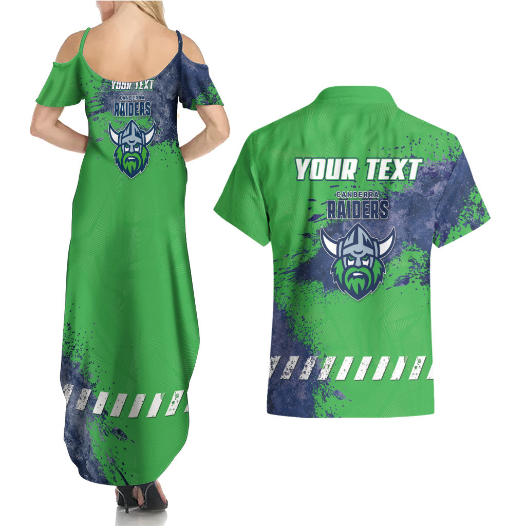 Personalised Canberra Raiders Rugby Couples Matching Summer Maxi Dress and Hawaiian Shirt Viking Green Machine Mascot - Sporty Splash Art Style