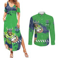 Personalised Canberra Raiders Rugby Couples Matching Summer Maxi Dress and Long Sleeve Button Shirt Viking Green Machine Mascot - Sporty Splash Art Style
