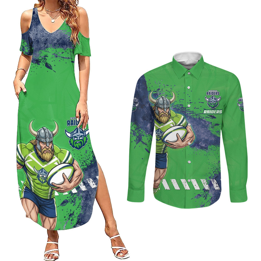 Personalised Canberra Raiders Rugby Couples Matching Summer Maxi Dress and Long Sleeve Button Shirt Viking Green Machine Mascot - Sporty Splash Art Style
