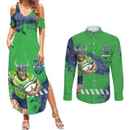 Personalised Canberra Raiders Rugby Couples Matching Summer Maxi Dress and Long Sleeve Button Shirt Viking Green Machine Mascot - Sporty Splash Art Style