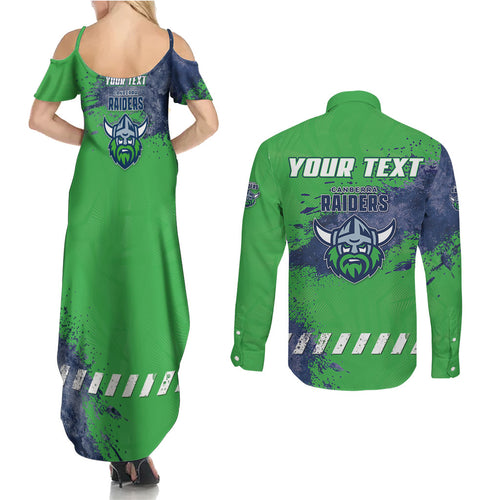 Personalised Canberra Raiders Rugby Couples Matching Summer Maxi Dress and Long Sleeve Button Shirt Viking Green Machine Mascot - Sporty Splash Art Style