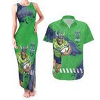 Personalised Canberra Raiders Rugby Couples Matching Tank Maxi Dress and Hawaiian Shirt Viking Green Machine Mascot - Sporty Splash Art Style