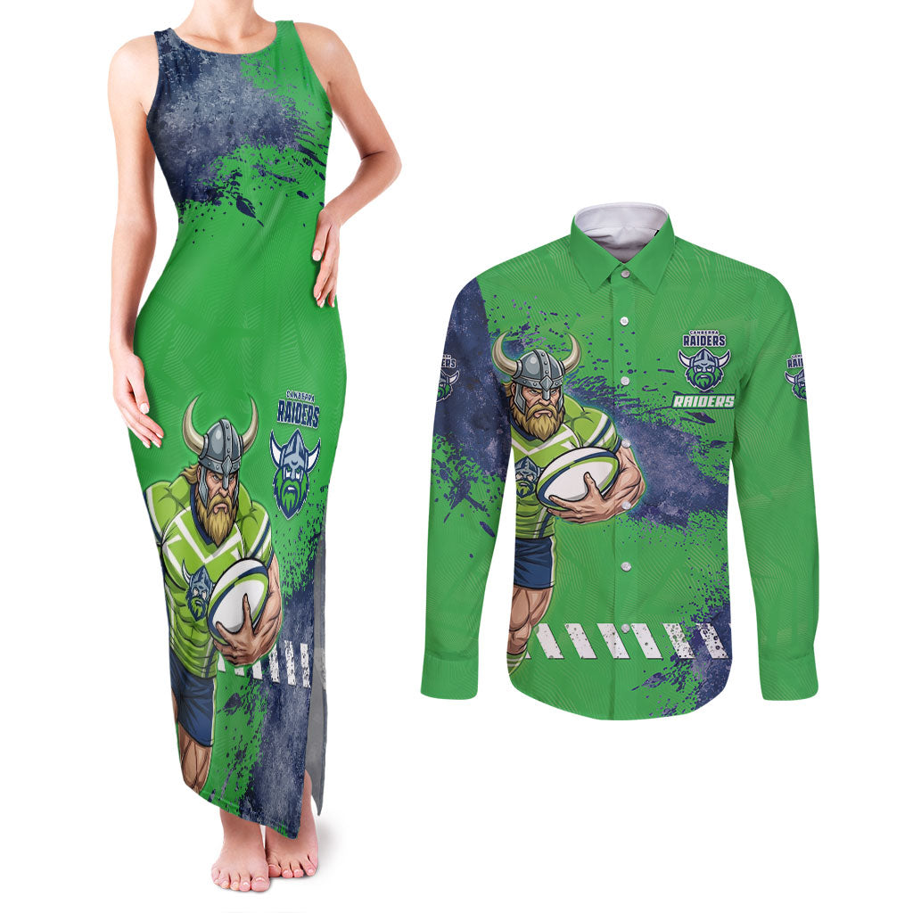 Personalised Canberra Raiders Rugby Couples Matching Tank Maxi Dress and Long Sleeve Button Shirt Viking Green Machine Mascot - Sporty Splash Art Style