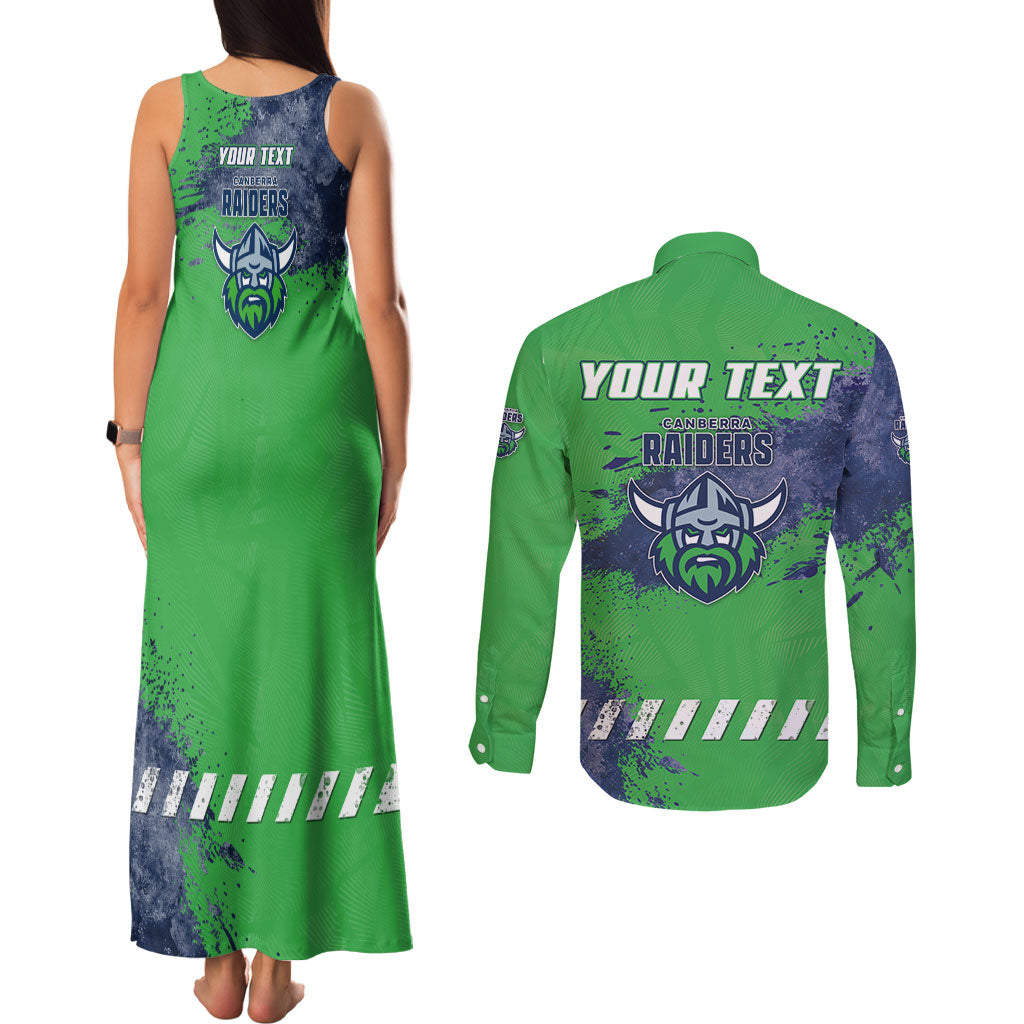 Personalised Canberra Raiders Rugby Couples Matching Tank Maxi Dress and Long Sleeve Button Shirt Viking Green Machine Mascot - Sporty Splash Art Style