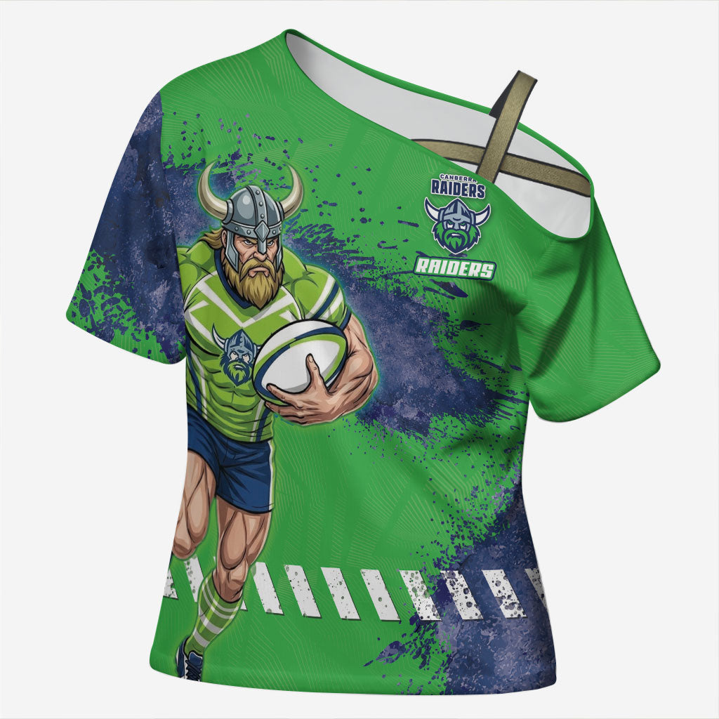 Personalised Canberra Raiders Rugby Cross Shoulder Shirt Viking Green Machine Mascot - Sporty Splash Art Style