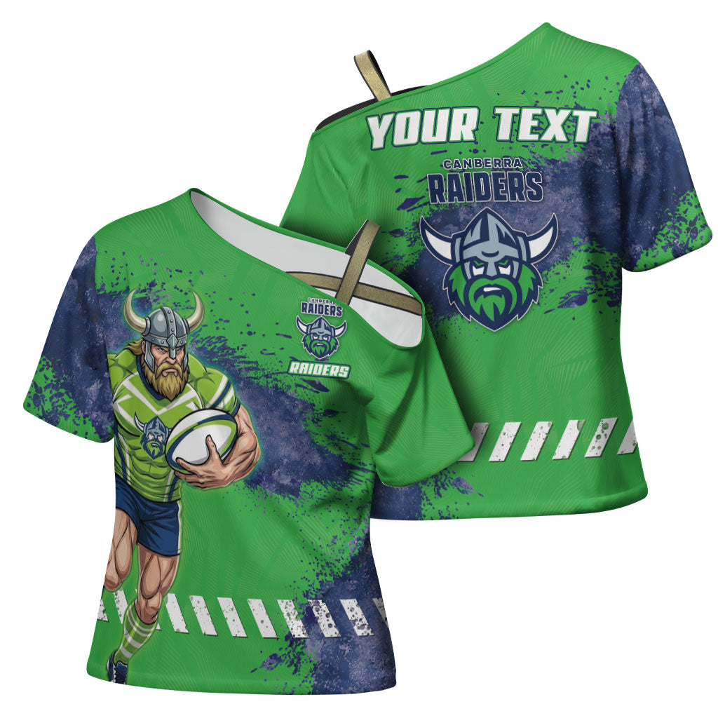 Personalised Canberra Raiders Rugby Cross Shoulder Shirt Viking Green Machine Mascot - Sporty Splash Art Style