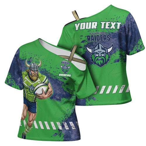 Personalised Canberra Raiders Rugby Cross Shoulder Shirt Viking Green Machine Mascot - Sporty Splash Art Style