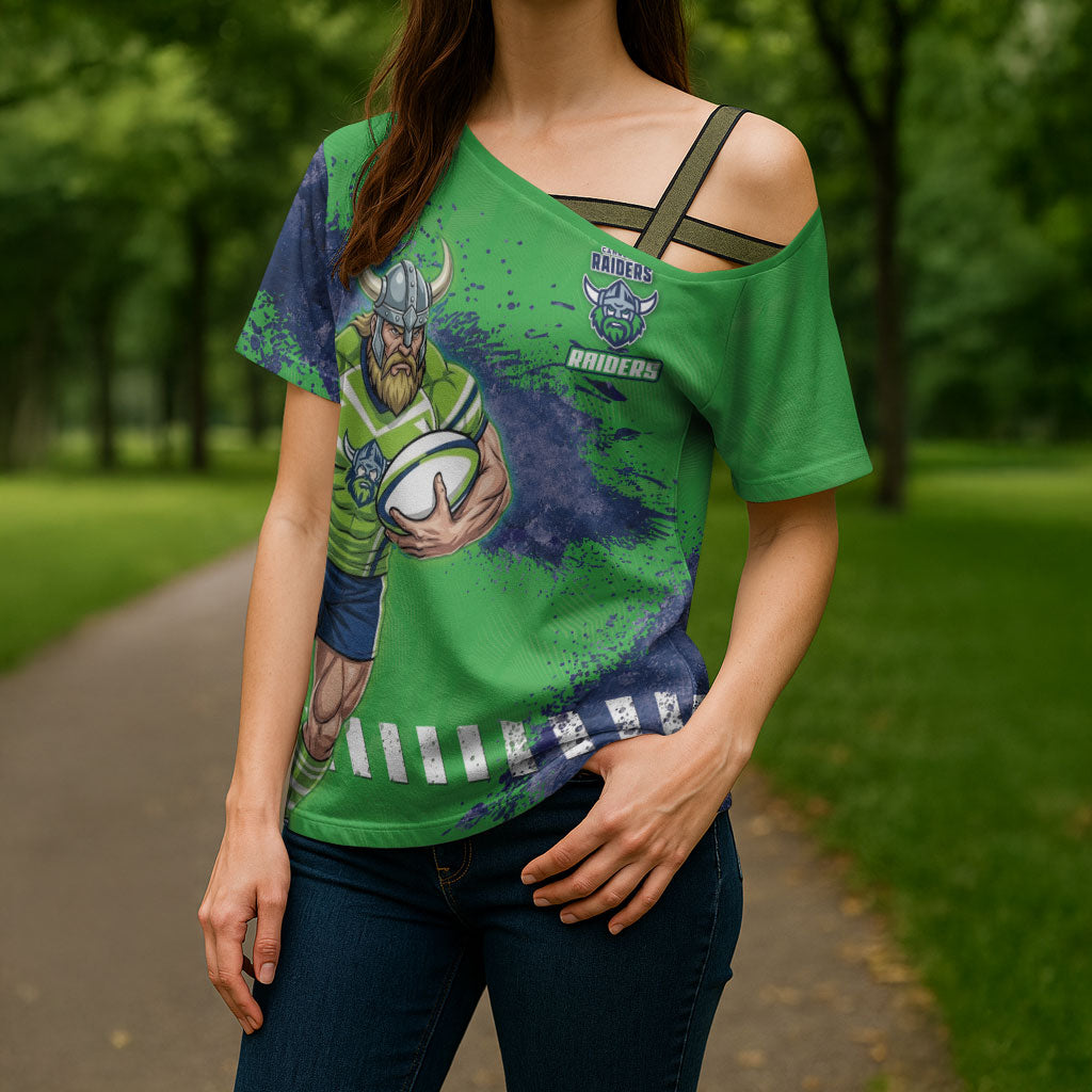 Personalised Canberra Raiders Rugby Cross Shoulder Shirt Viking Green Machine Mascot - Sporty Splash Art Style