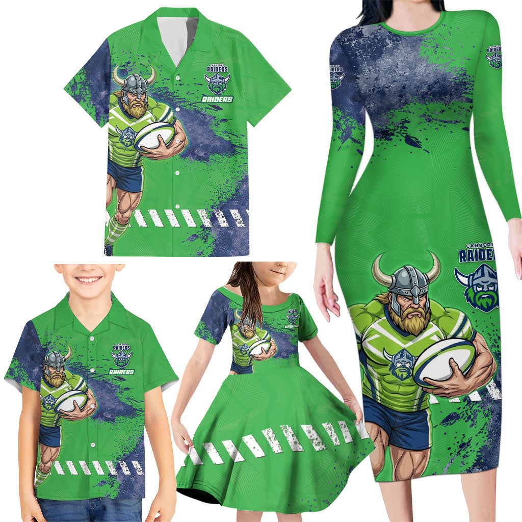 Personalised Canberra Raiders Rugby Family Matching Long Sleeve Bodycon Dress and Hawaiian Shirt Viking Green Machine Mascot - Sporty Splash Art Style