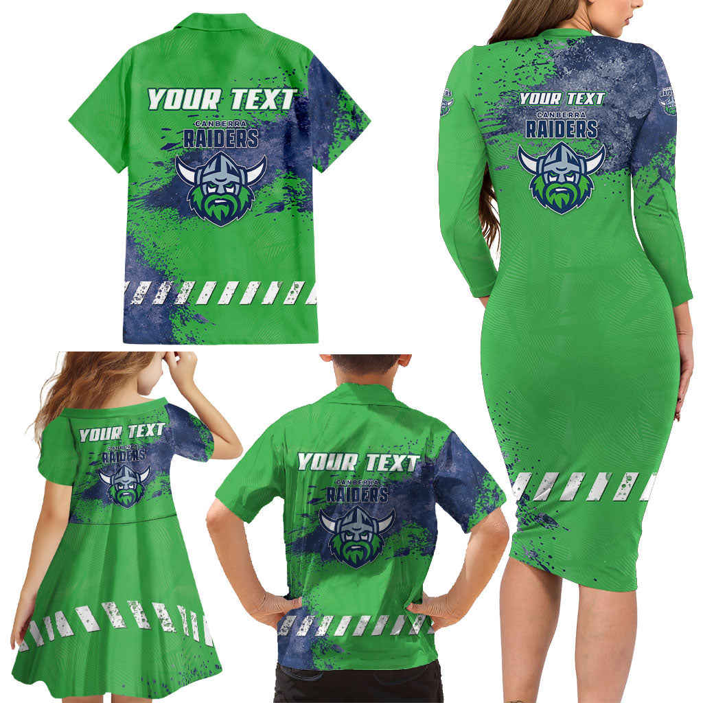Personalised Canberra Raiders Rugby Family Matching Long Sleeve Bodycon Dress and Hawaiian Shirt Viking Green Machine Mascot - Sporty Splash Art Style