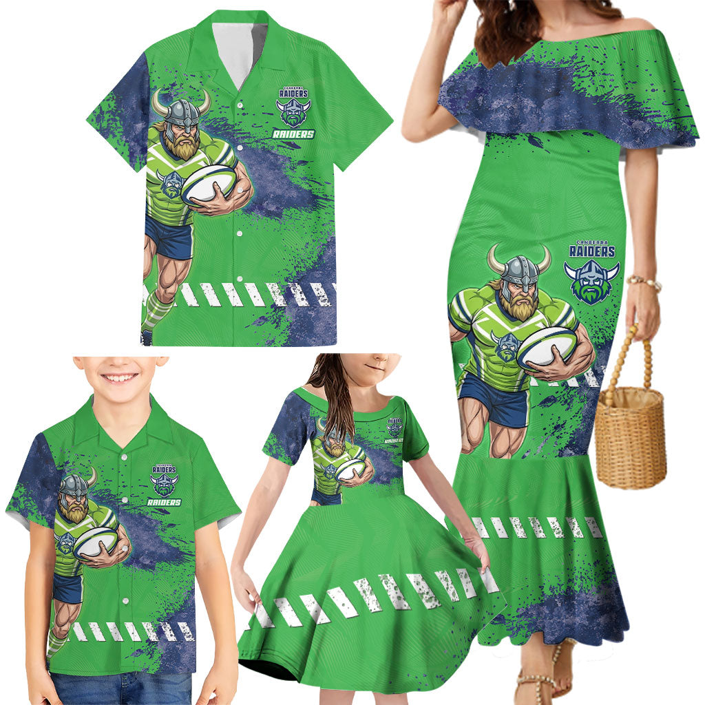 Personalised Canberra Raiders Rugby Family Matching Mermaid Dress and Hawaiian Shirt Viking Green Machine Mascot - Sporty Splash Art Style