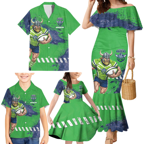 Personalised Canberra Raiders Rugby Family Matching Mermaid Dress and Hawaiian Shirt Viking Green Machine Mascot - Sporty Splash Art Style