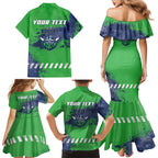Personalised Canberra Raiders Rugby Family Matching Mermaid Dress and Hawaiian Shirt Viking Green Machine Mascot - Sporty Splash Art Style