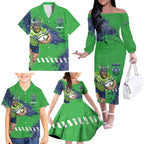 Personalised Canberra Raiders Rugby Family Matching Off The Shoulder Long Sleeve Dress and Hawaiian Shirt Viking Green Machine Mascot - Sporty Splash Art Style