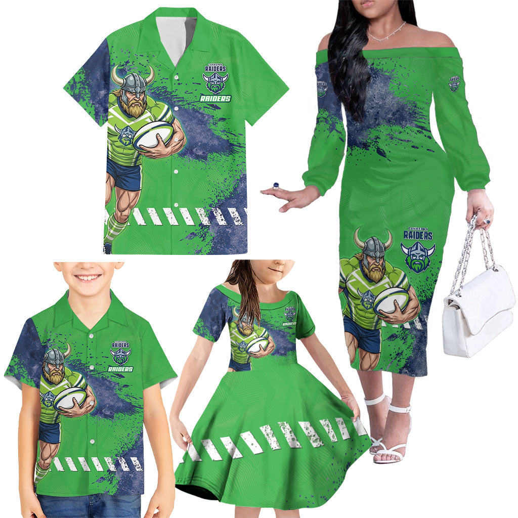 Personalised Canberra Raiders Rugby Family Matching Off The Shoulder Long Sleeve Dress and Hawaiian Shirt Viking Green Machine Mascot - Sporty Splash Art Style
