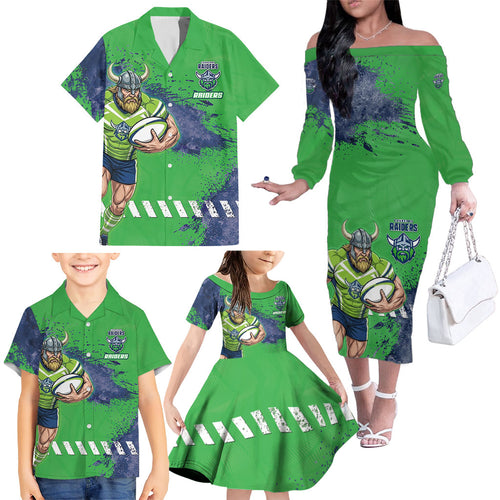 Personalised Canberra Raiders Rugby Family Matching Off The Shoulder Long Sleeve Dress and Hawaiian Shirt Viking Green Machine Mascot - Sporty Splash Art Style