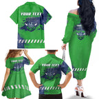 Personalised Canberra Raiders Rugby Family Matching Off The Shoulder Long Sleeve Dress and Hawaiian Shirt Viking Green Machine Mascot - Sporty Splash Art Style