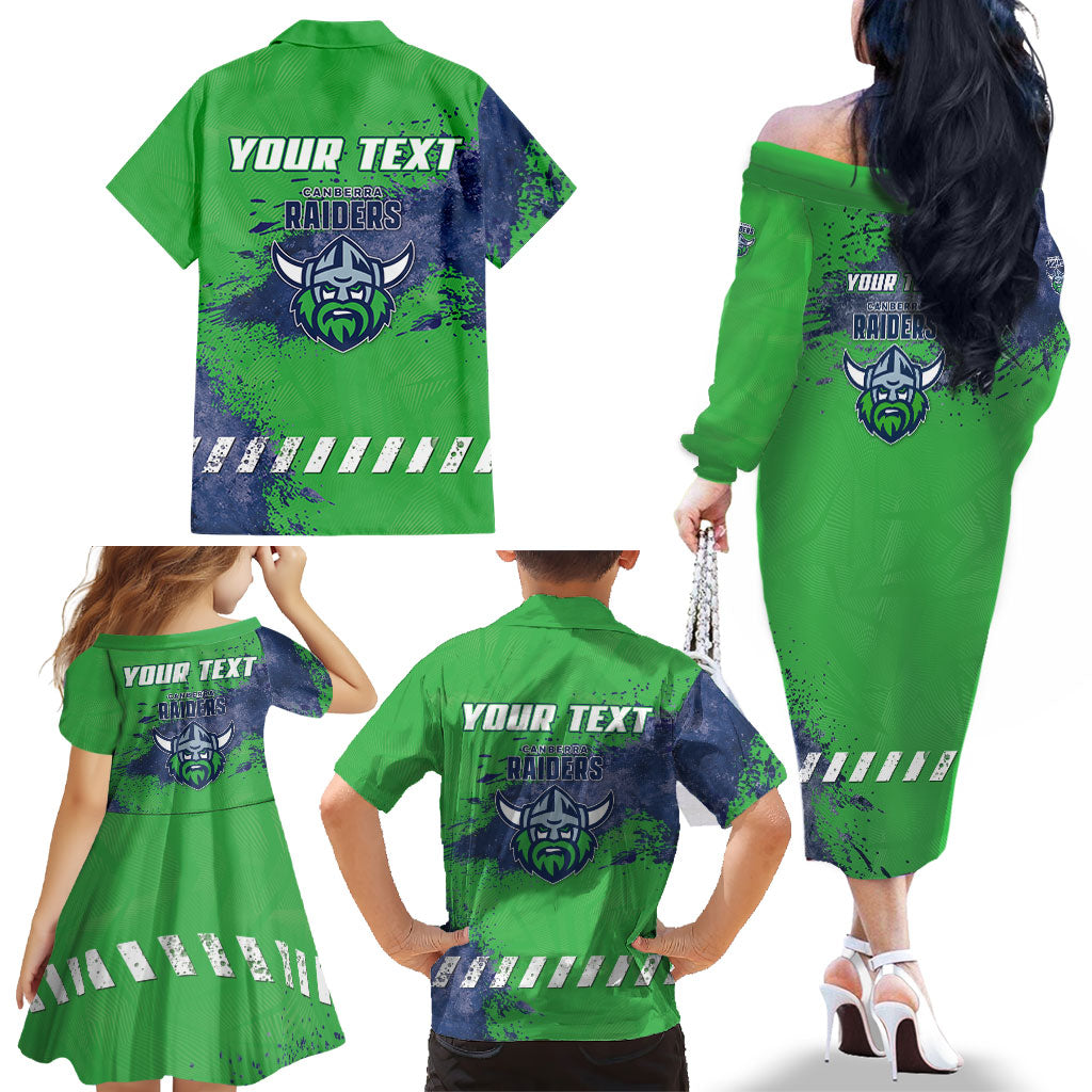 Personalised Canberra Raiders Rugby Family Matching Off The Shoulder Long Sleeve Dress and Hawaiian Shirt Viking Green Machine Mascot - Sporty Splash Art Style