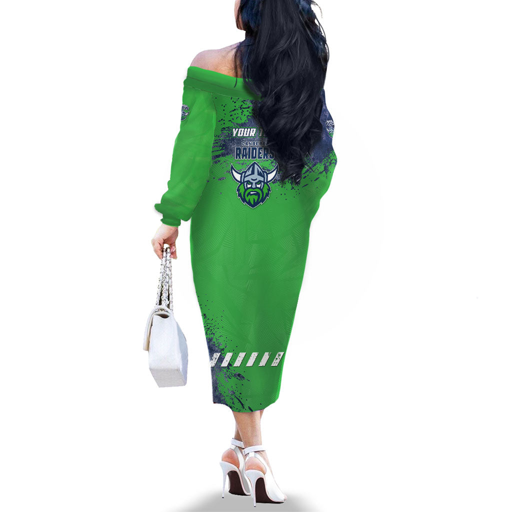 Personalised Canberra Raiders Rugby Family Matching Off The Shoulder Long Sleeve Dress and Hawaiian Shirt Viking Green Machine Mascot - Sporty Splash Art Style