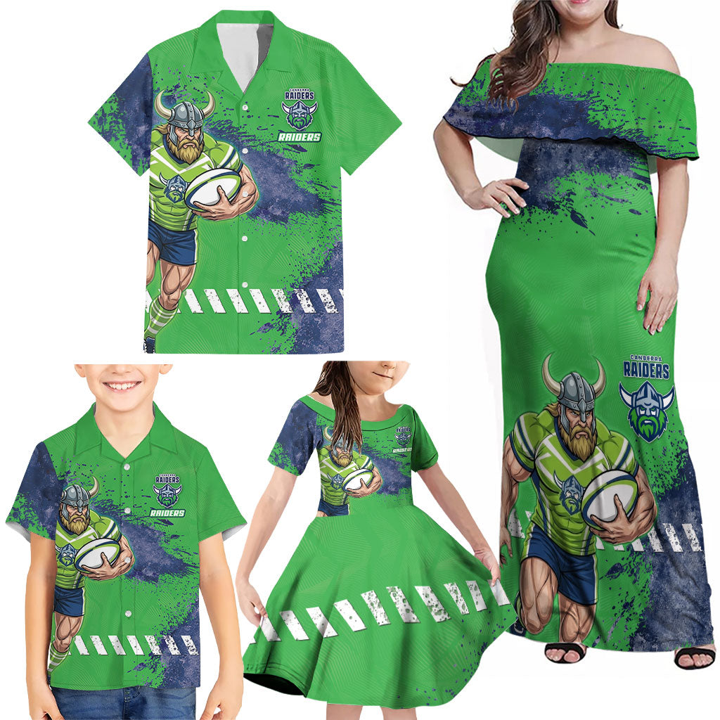 Personalised Canberra Raiders Rugby Family Matching Off Shoulder Maxi Dress and Hawaiian Shirt Viking Green Machine Mascot - Sporty Splash Art Style