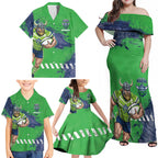 Personalised Canberra Raiders Rugby Family Matching Off Shoulder Maxi Dress and Hawaiian Shirt Viking Green Machine Mascot - Sporty Splash Art Style